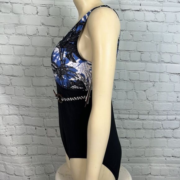 Jantzen One Piece Swimsuit Black Blue Palms Size 10 - Picture 4 of 12